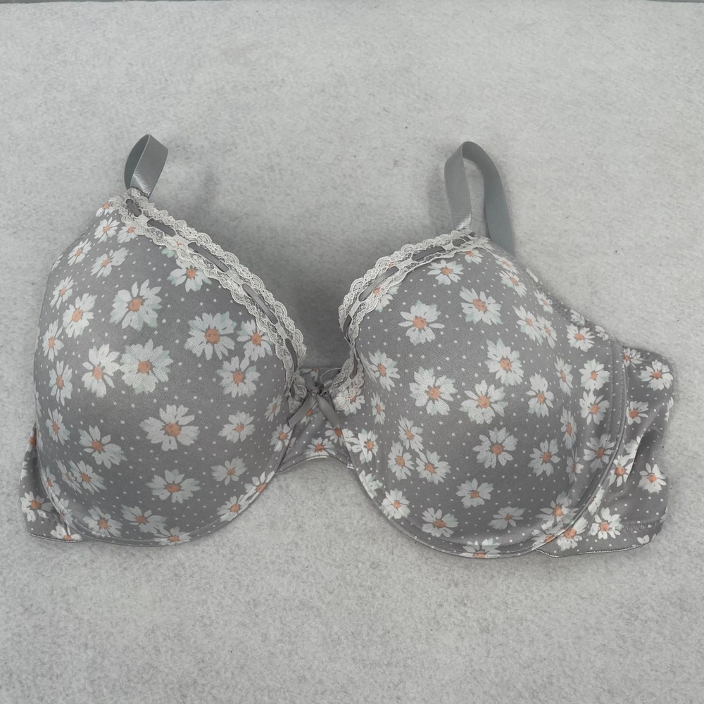 Just‎ Be T-Shirt Bra Grey Daisy Floral Lace Trim 44D Underwire Padded Adjustable